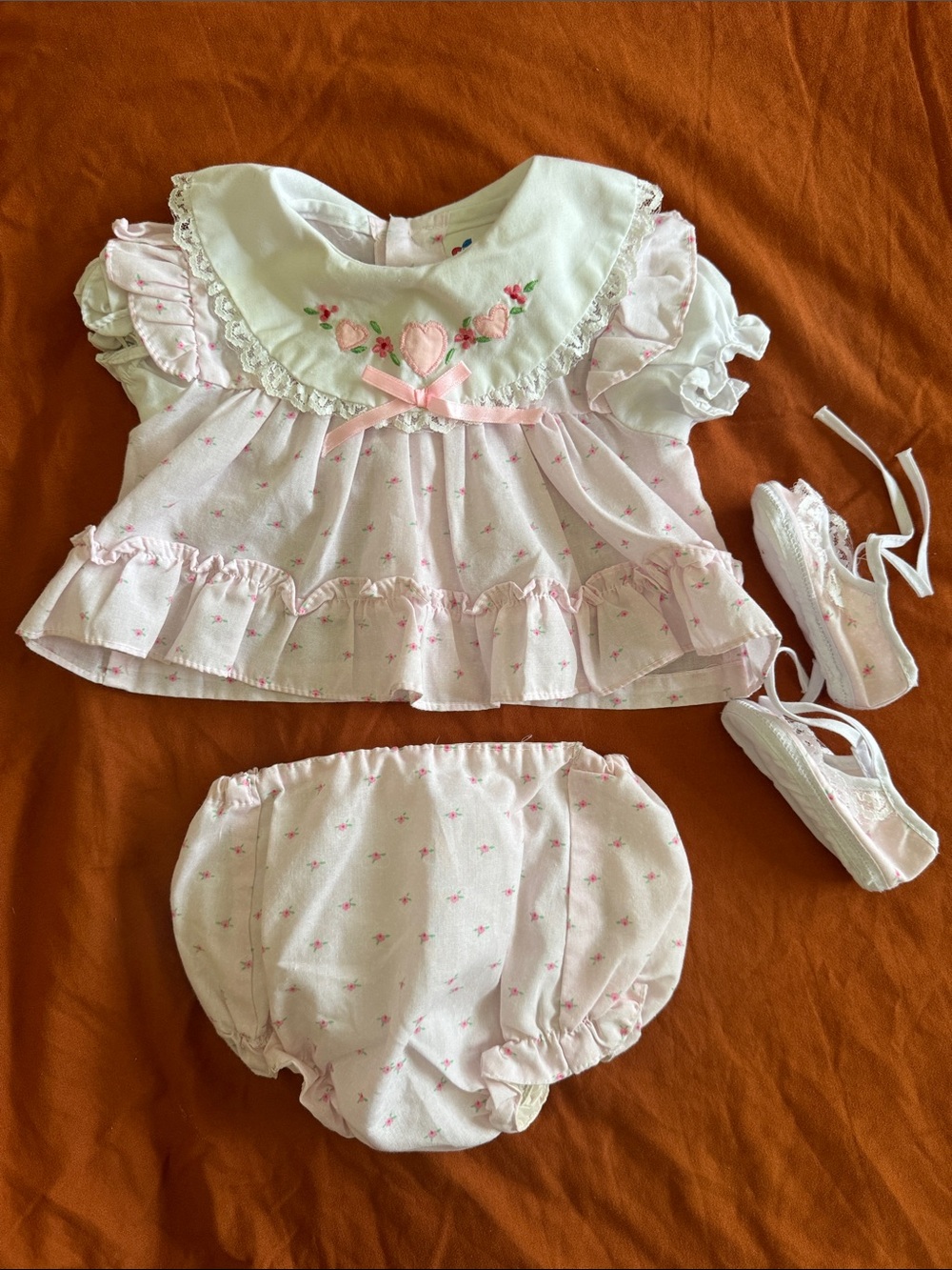Pink Vintage Floral Baby Dress Set with Booties